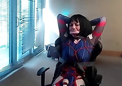 Crossdresser in D Va Bodysuit Tied to a Gaming Chair Pa