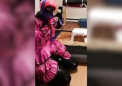 arms belted behind me... balanced by suspension harness underneath maid suit... one time the air mat deflated that giant ebony sex-toy slip way up in 