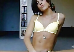 Flat chested tranny plays with her cock until she cums