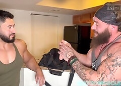 Muscular gym buddies enjoy hardcore anal action