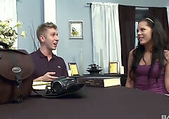 Madison Parker the college brunette swallows cum and takes facial in sorority lounge