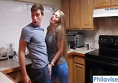 Skinny stepson catches a break from his blonde stepmom in the kitchen