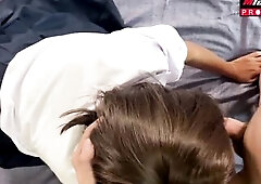 Thai Oriental eighteen student uniform oral-job her boyfriend then get hard bang until this guy cum on her petticoat