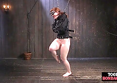 Curvy bdsm redhead whipped while bound and tied in chains