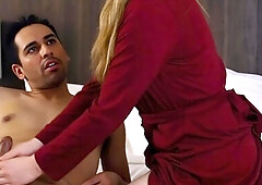 Blonde teen gives handjob and blowjob