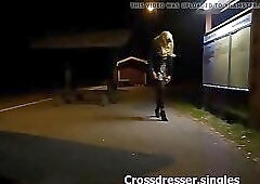 Crossdresser in chastity at rest area in Sweden