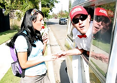 Brunette slut gets doggy style fucked for free ice cream