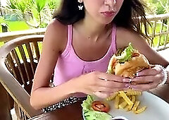 Girl Asks Waiter to Cover Her Face with Cum in Public Cafe to Eat Burger