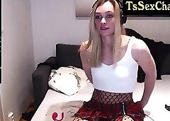 thin white trnsgender in fishnet pantyhose shows off he