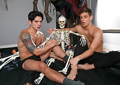 Horny guys enjoy Halloween foreplay at first