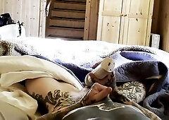 FTM-Tattooed Muscle Hottie Early Morning Jerkoff, Butch, Large Love button, Hitachi, Obese Cunt