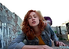 Public Agent Sexy redhead waitress sucks cock and gets fucked doggystyle outside in public