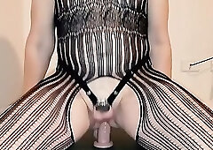 SexySissyKatie Wearing Body Stocking - Riding Dildo in Slow Motion