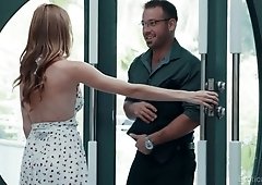 Red head Ashley Lane is eating big dick and rides it reverse and face to face