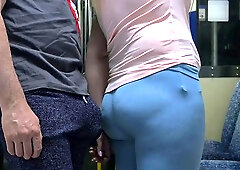 Touch on a Public Bus! Filthy Stranger Touch Her Ass without Permission with his bulge and Ejaculate On Girl's Hand