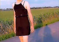 Annemieke in summer dress flashing on a road