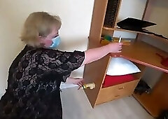 Busty milf in stockings doggystyle masturbates with a rubber dick and shakes a big butt in panties.
