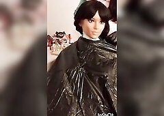 Nikki shows off five full body large ebony capes made of vinyl and embraces her fresh discovered fetish