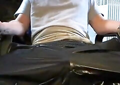 Shiny Adidas Chile trackies with pissed underwear, wanking