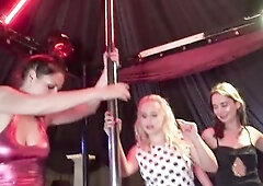 Poledance trampling! Smirni lies on the show stage and is trampled around the pole by the angels Princess Lara, Julia and Sophia. With their high heel