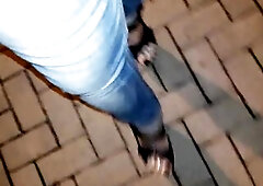 night stroll in platform wedges, cute feet with ebony polish