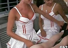 Skinny guy ass fucked in tranny gangbang