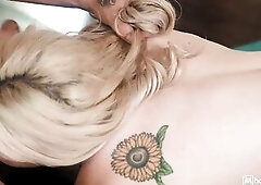 Skinny Golden-haired Backpacker Deepthroats Giant Sex-toy on All Fours Whilst Athletic Tattooed Chap Guides Her on the Yoga Mat