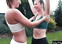Charming lesbos do yoga in the garden in advance of licking every others soaked snatches
