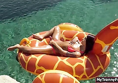 Trans babe Khloe Kay jerks herself off and anal ride outside