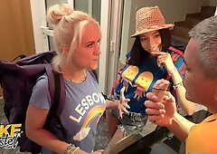Voluptuous brunette and two blonde roommates ignite with scissoring in a hostel bedroom