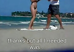 Amateur babe in topless is asking strangers on the beach to touch her nice perky tits