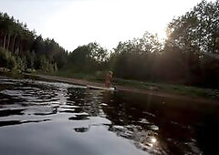 Tattooed Babe Strips and Swims on a SUP Board in the Forest River