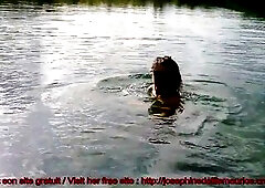 The shaggy aged stripped porn star is swimming and pissing outside, standing in front of the camera.