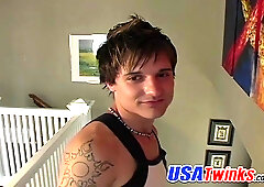 Twink Brian Beckham strips and teases his cock before releasing load