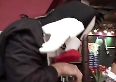 A hot brunette hair with large tits, wearing a hawt dress gets it on with a guy in a toon...