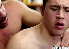 Submissive young Mormon barebacked by muscle daddy