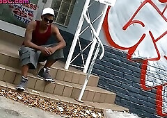 Black bottom drilled and jizzed outdoor by white top