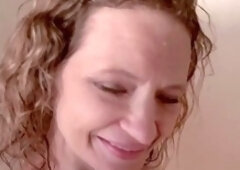 Platinum-blonde fuckslut Sharon enjoys a steamy shower and some self-pleasure