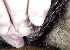 FTM large love button and soaked hirsute cunt closeup