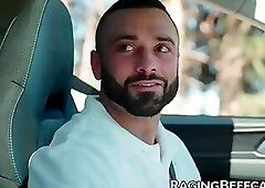 Drew Valentino lures hitchhiker Heath Halo to the backseat for blowjob