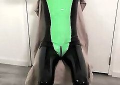Putting on latex catsuit and transparent rubber pants panties bloomers