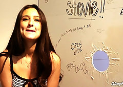 Lewd teen with dimples Eliza Ibarra gives an interview in the glory hole room