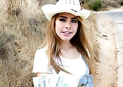 This blonde cutie called Lilly is looking for a free ride. In exchange she can offer our dudes big dick a ride on her pussy. Sounds promising.