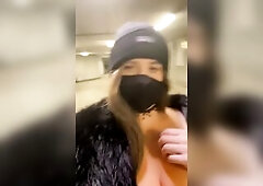 Trans show her fake tits on teach station