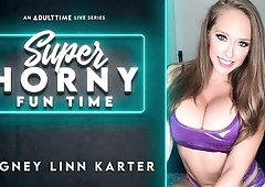 Soloing big-boobed chick Kagney Linn Karter fucks with a huge toy