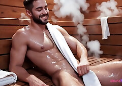 Muscle dude wanks man-meat and squirts red-hot spunk in gaymale sauna