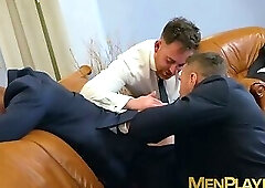 Business daddies barebacking young hunk in hardcore 3way