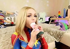 Amateur teen in suit Captain Marvel tests new toys Bad Dragon Sia Siberia