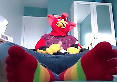 Fursuit Teasing With Cute Rainbow Socks Stripping And Cumming Inside Condom