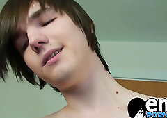 Lusty emo twink jerks off his big dick & sprays big load